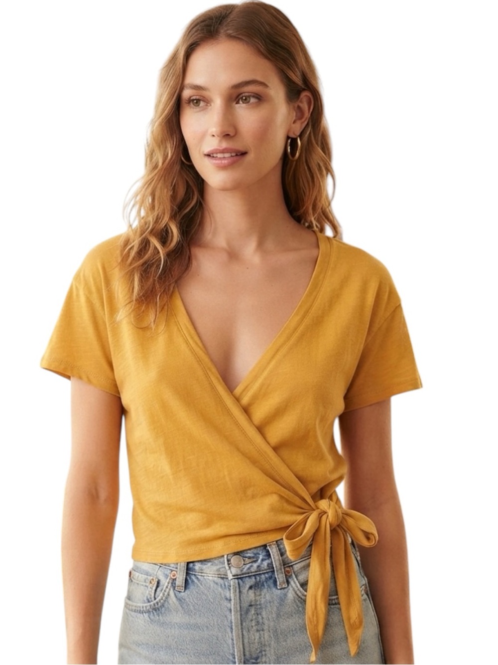 Billabong Women's Mustard Wrap Tie Short-Sleeve Top Size M